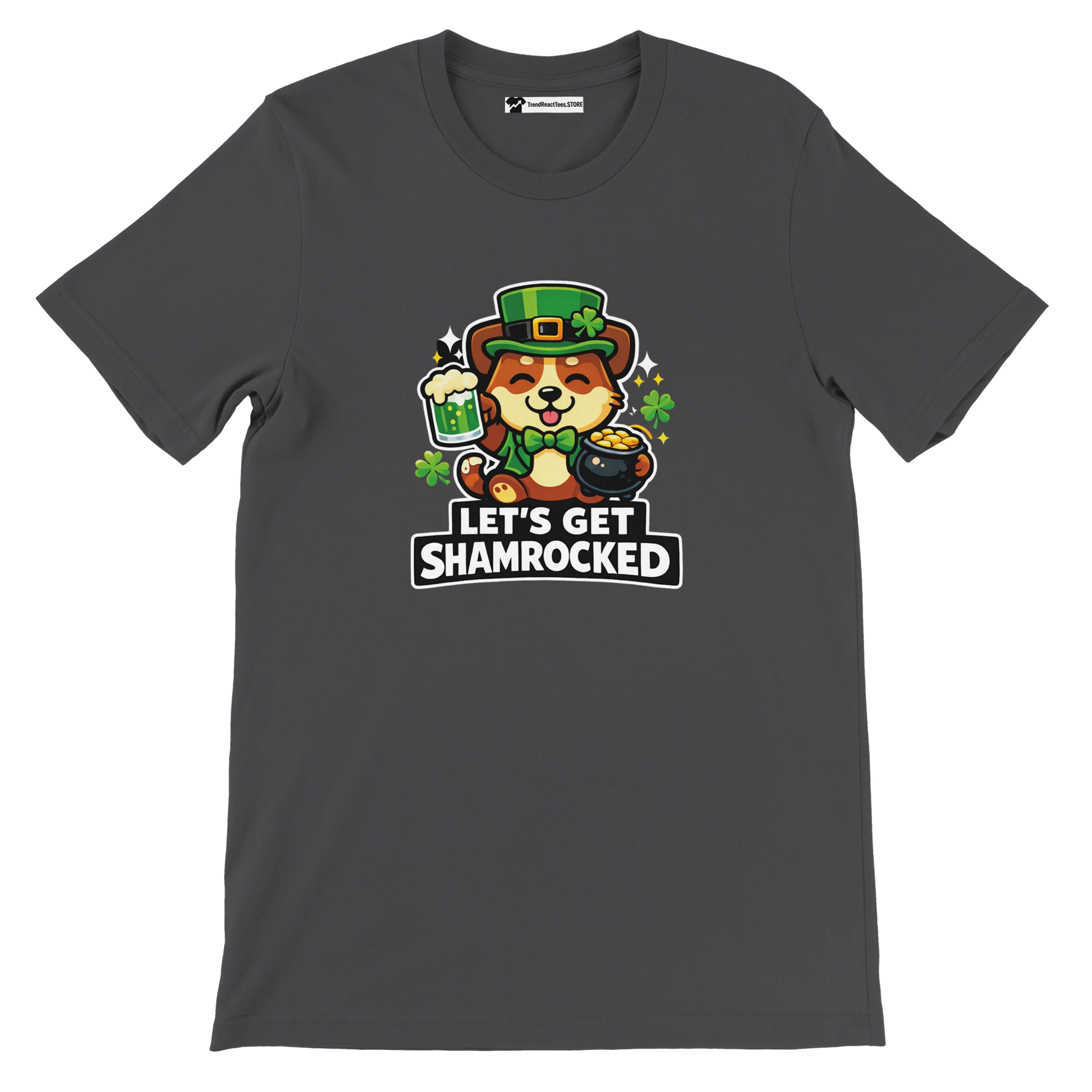 Dark t-shirt with cute dog in leprechaun hat, shamrocks, beer, pot of gold, St. Patrick's Day quote
