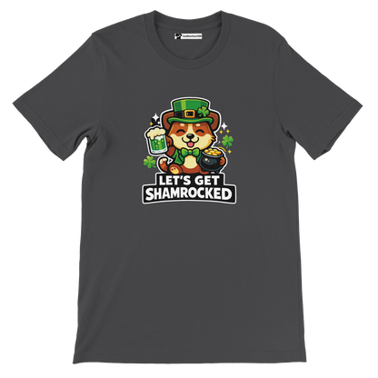 Dark t-shirt with cute dog in leprechaun hat, shamrocks, beer, pot of gold, St. Patrick's Day quote