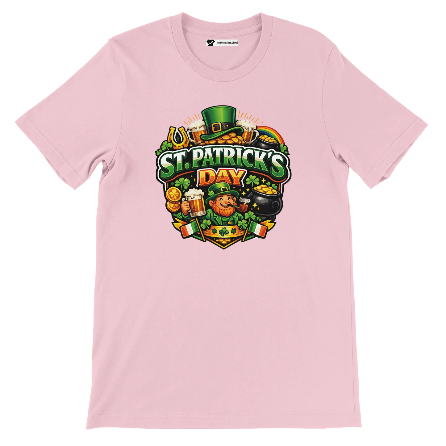 St. Patrick's Day tee with leprechaun, shamrocks, beer, and gold coins design