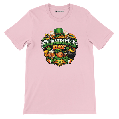 St. Patrick's Day tee with leprechaun, shamrocks, beer, and gold coins design
