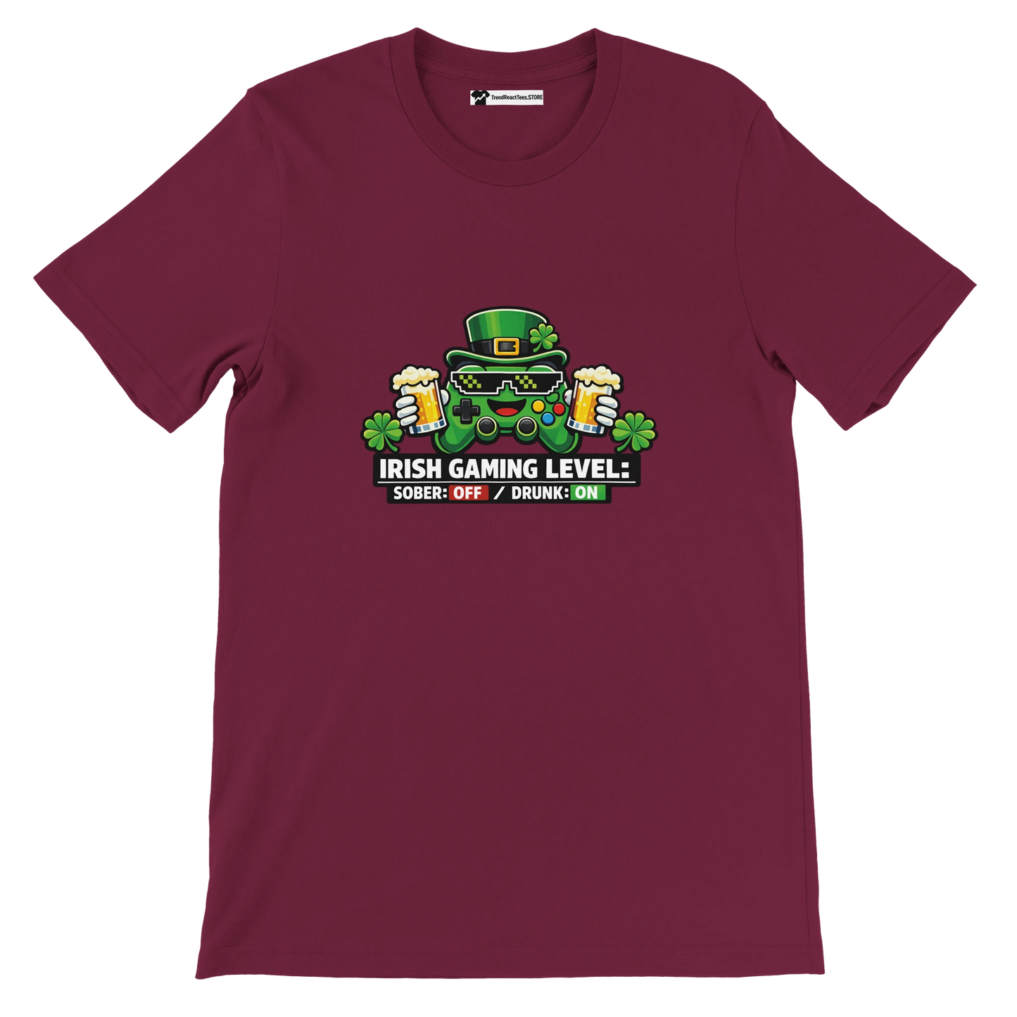 Irish Gaming Level T-Shirt: Controller in Leprechaun Hat with Beer, Shamrocks, Sober Off Drunk On Text