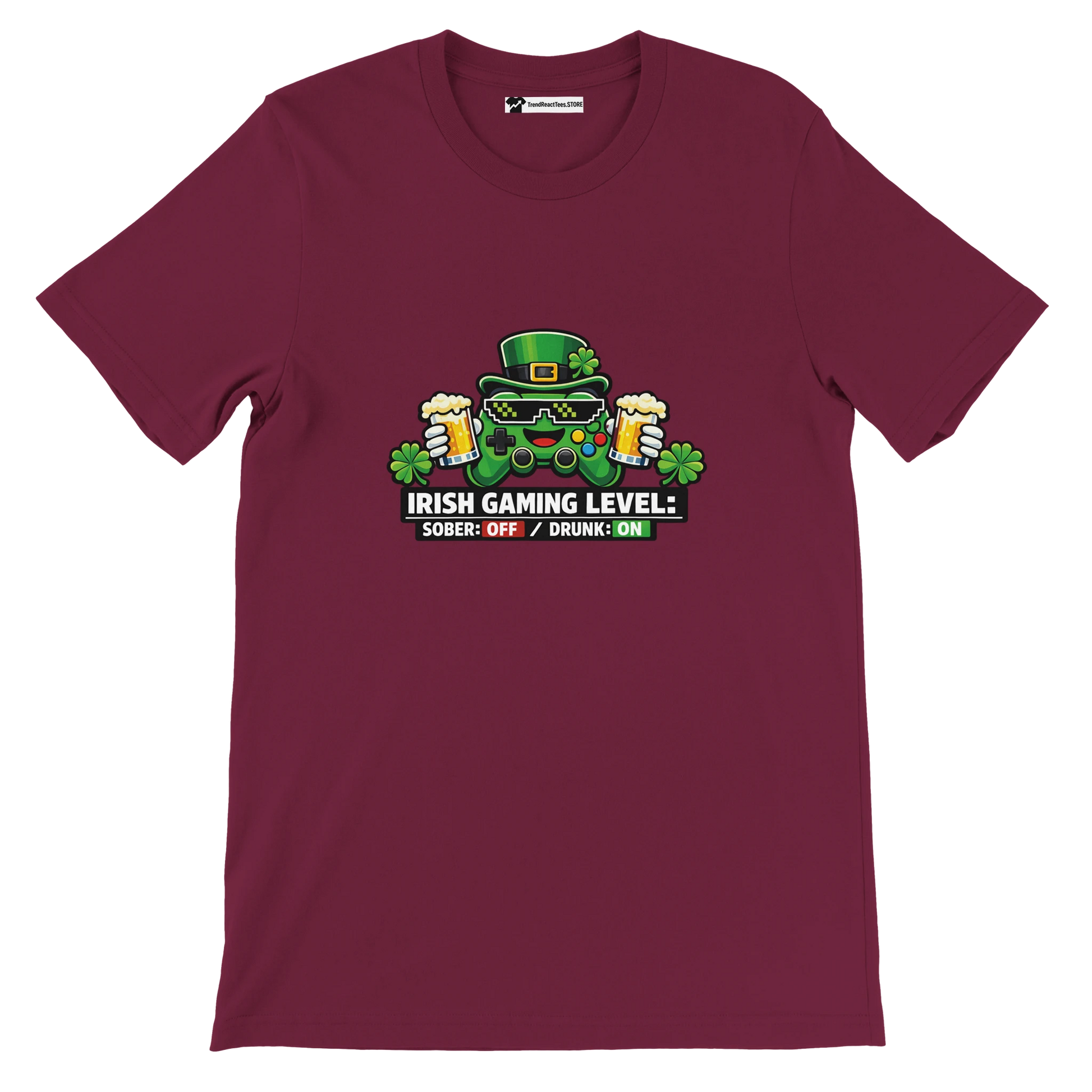 Irish Gaming Level T-Shirt: Controller in Leprechaun Hat with Beer, Shamrocks, Sober Off Drunk On Text