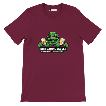 Irish Gaming Level T-Shirt: Controller in Leprechaun Hat with Beer, Shamrocks, Sober Off Drunk On Text