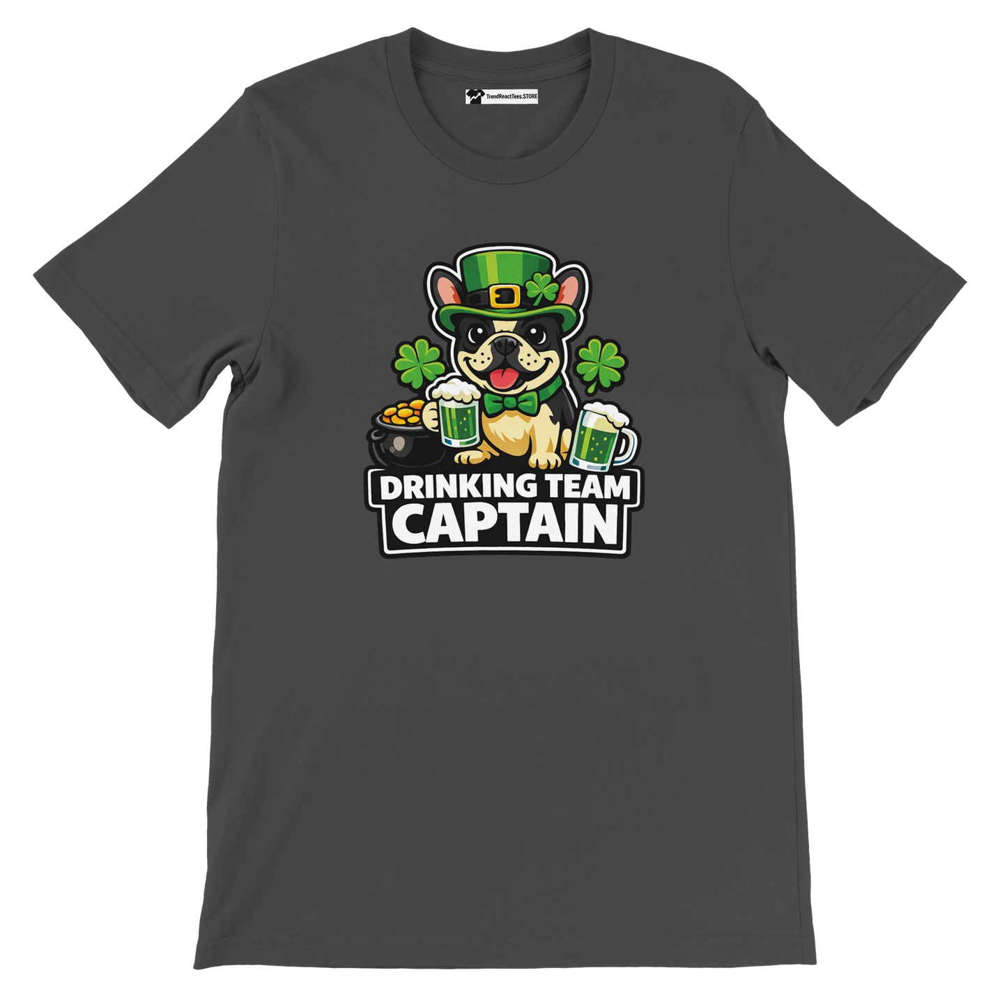 St. Patrick's Day tee with bulldog in green hat holding beer, 'Drinking Team Captain' text, shamrocks, gold coins