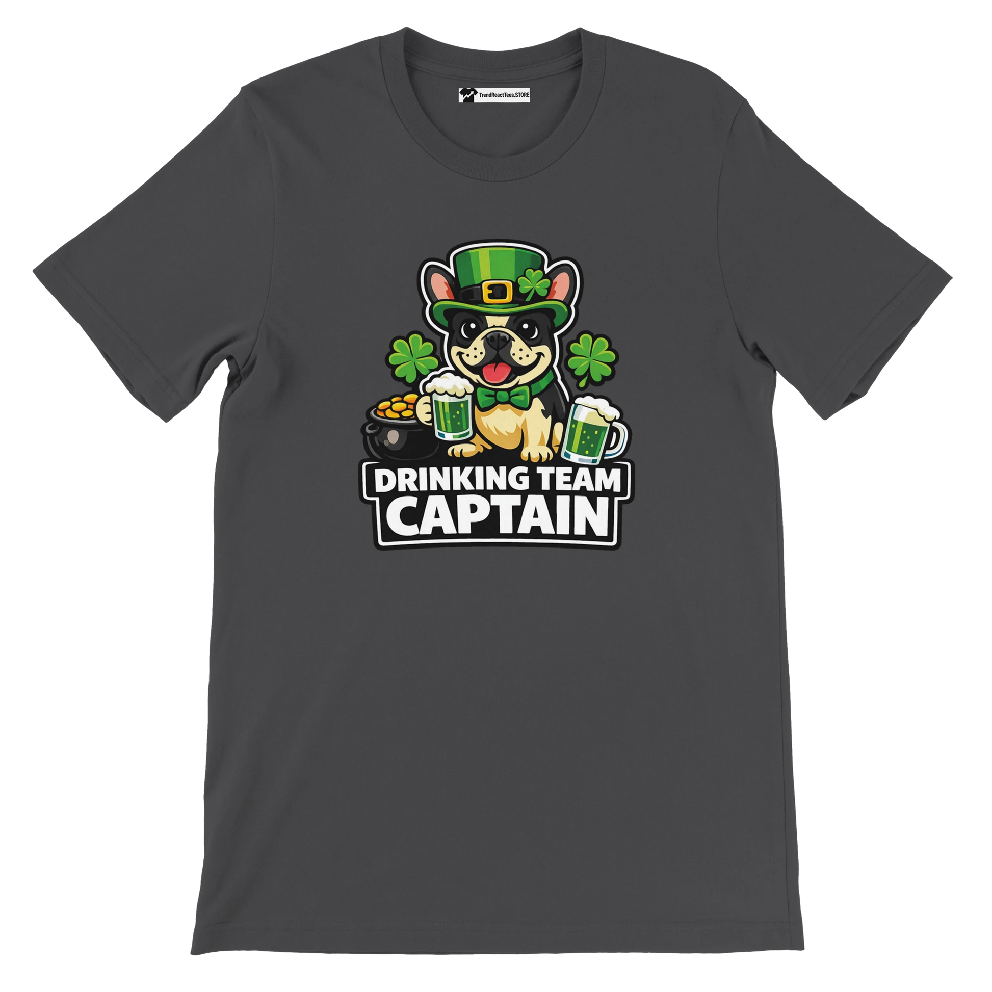 St. Patrick's Day tee with bulldog in green hat holding beer, 'Drinking Team Captain' text, shamrocks, gold coins