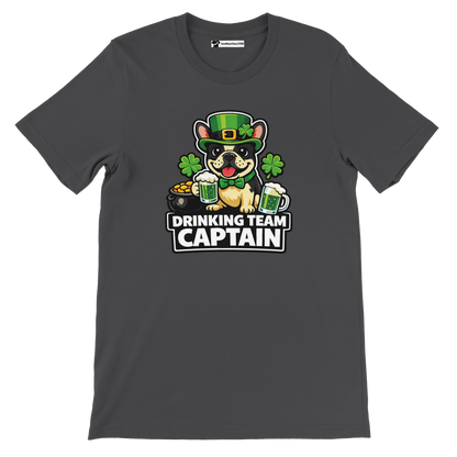 St. Patrick's Day tee with bulldog in green hat holding beer, 'Drinking Team Captain' text, shamrocks, gold coins