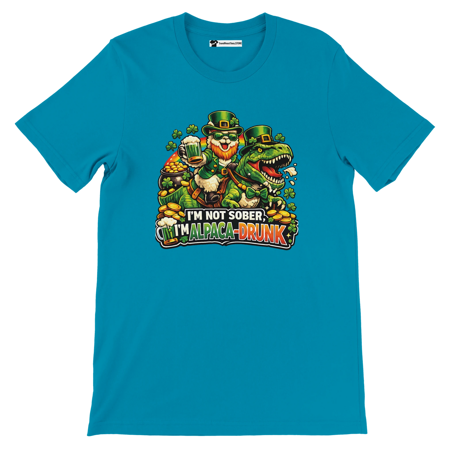 Funny St. Patrick's Day tee with leprechaun riding dinosaur, shamrocks, gold coins, and 'I'm Alpaca-Drunk' text