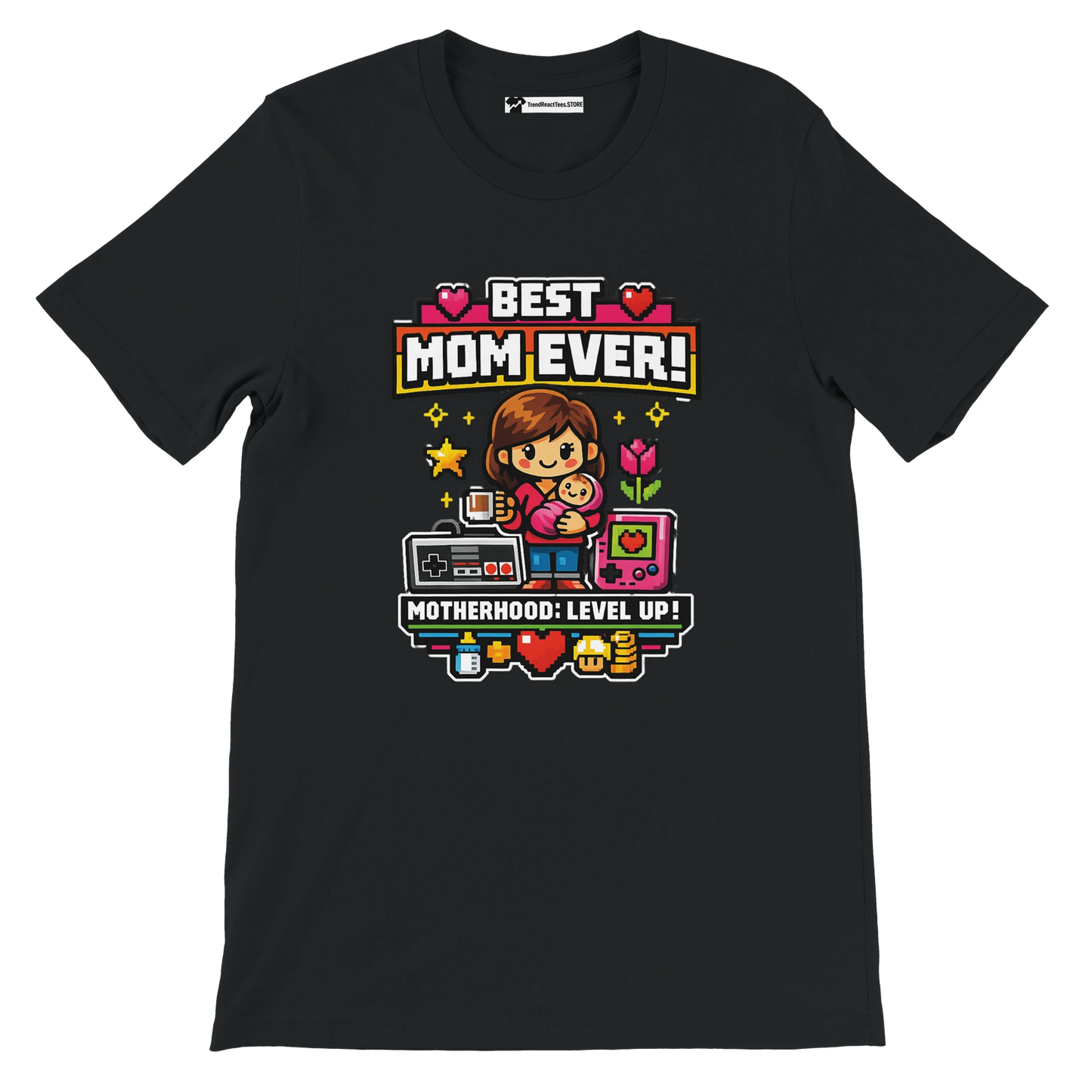Anime gamer aesthetic tee with Best Mom Ever and Motherhood Level Up graphic