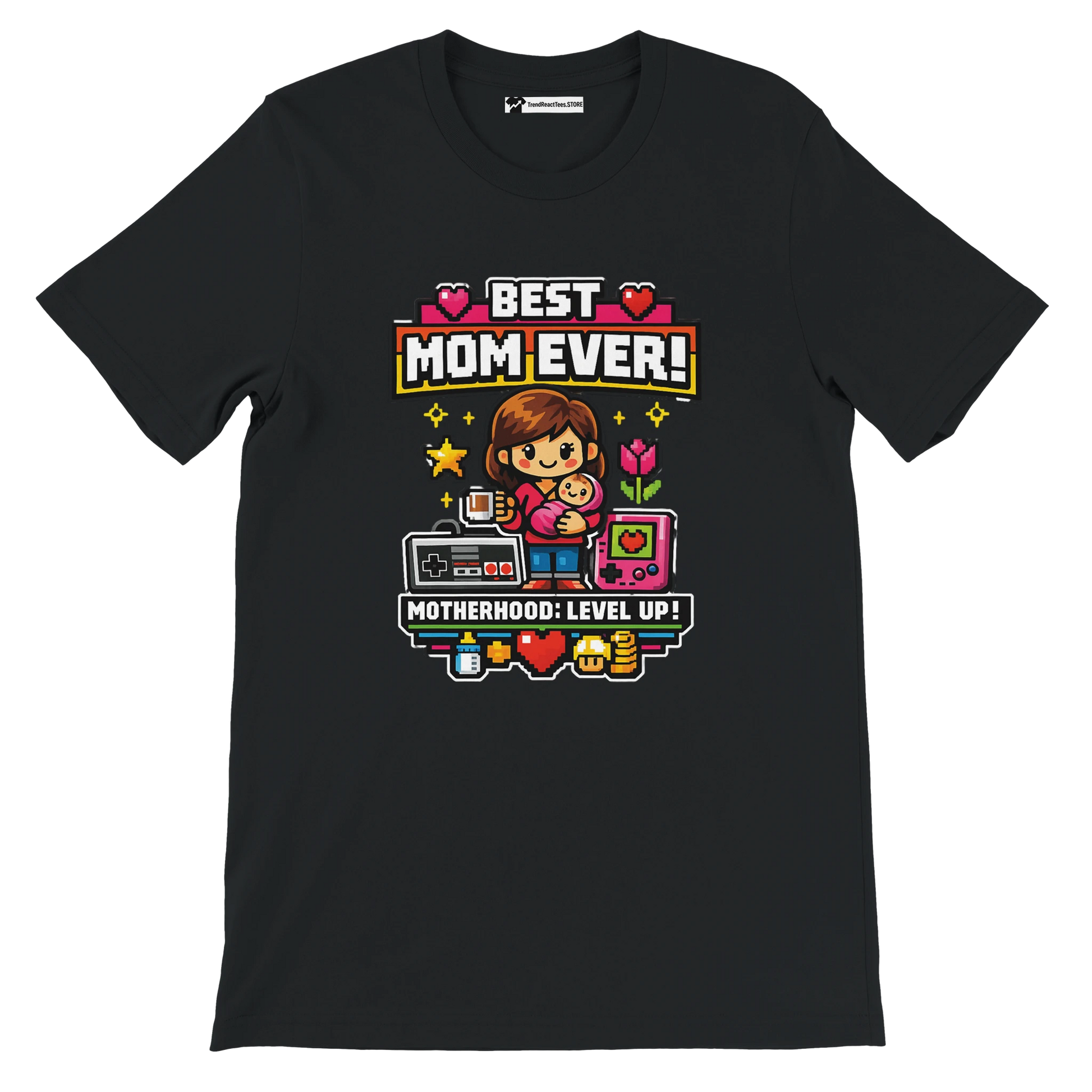 Anime gamer aesthetic tee with Best Mom Ever and Motherhood Level Up graphic