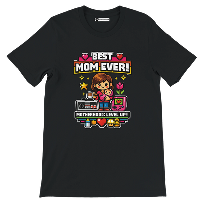 Anime gamer aesthetic tee with Best Mom Ever and Motherhood Level Up graphic