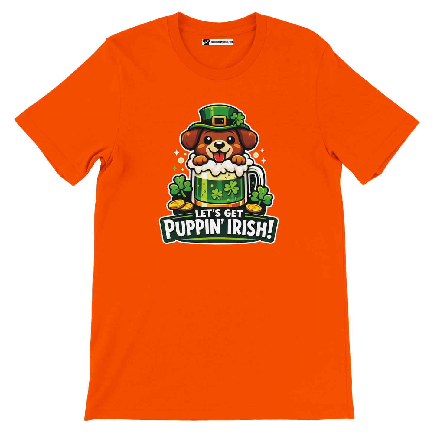 Orange shirt with cartoon dog in leprechaun hat, green beer, shamrocks, and 'Let's Get Puppin' Irish!' text