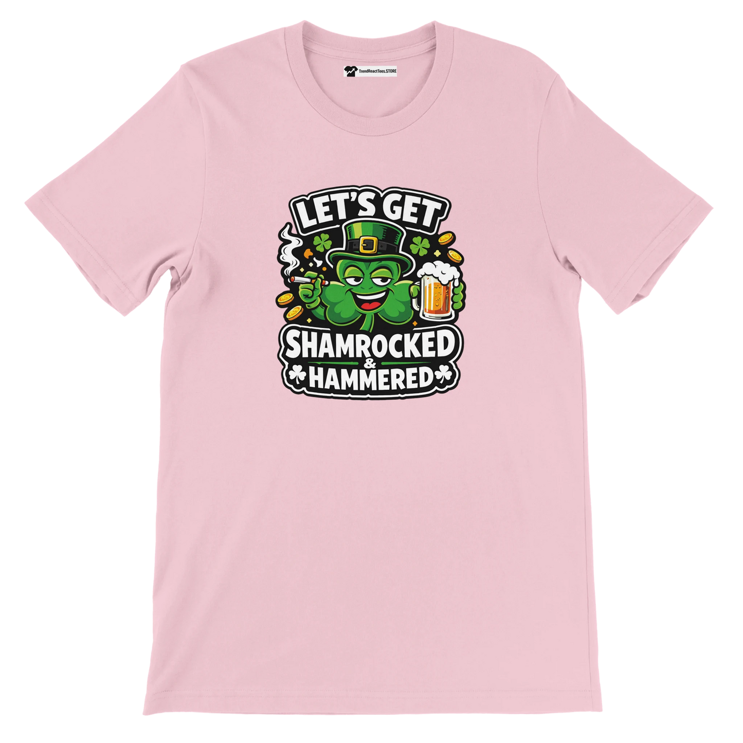 Pink t-shirt with cartoon shamrock holding beer, festive St. Patrick’s Day quote graphic