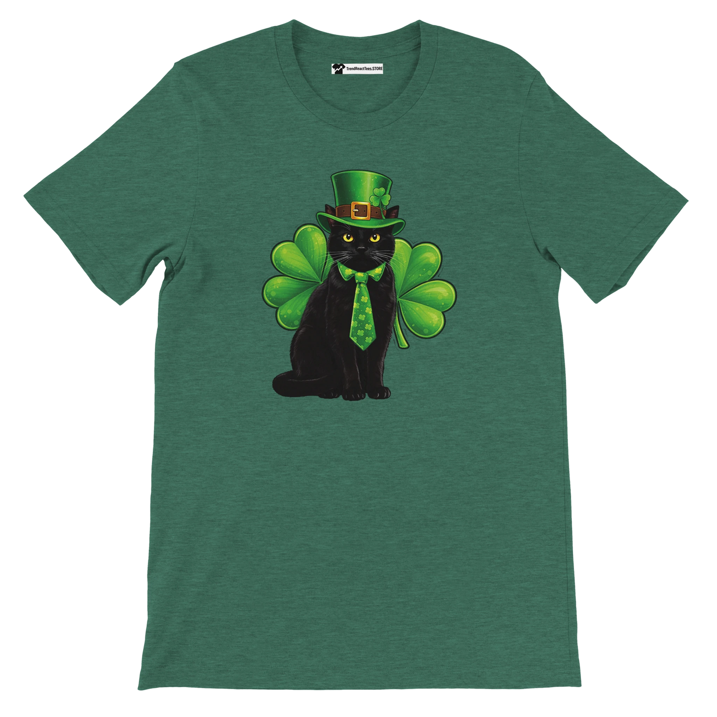 Green t-shirt with black cat in leprechaun hat, shamrock leaves, and festive tie graphic