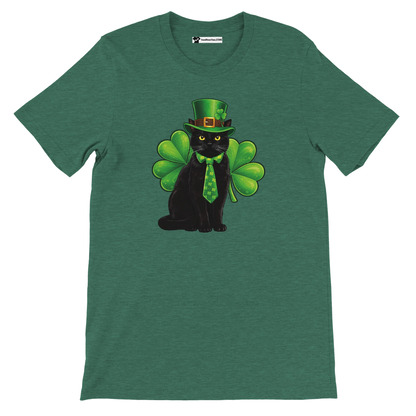 Green t-shirt with black cat in leprechaun hat, shamrock leaves, and festive tie graphic