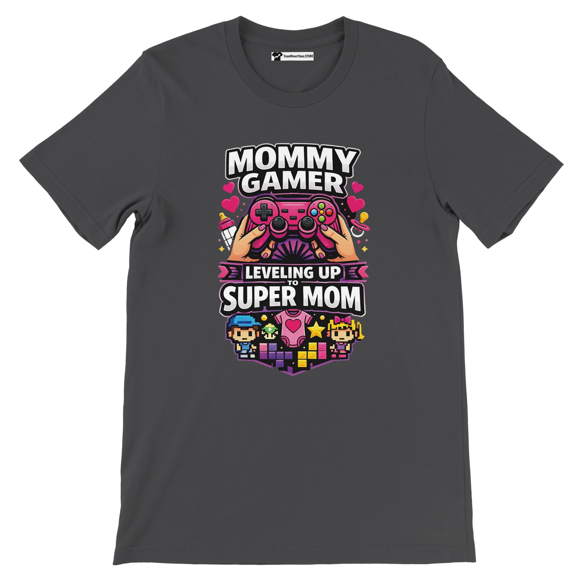 Dark tee with colorful pixel art, game controller, and 'Mommy Gamer Leveling Up to Super Mom' text.