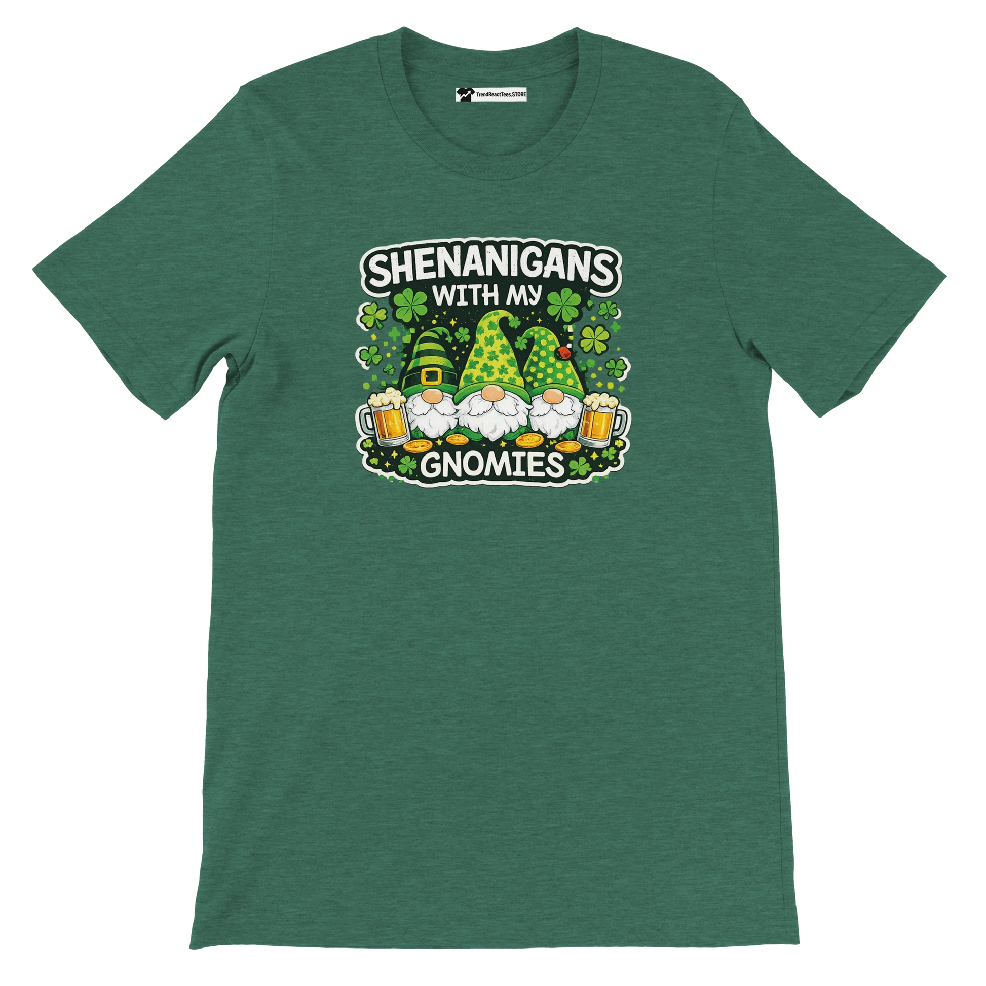 Green St. Patrick's Day tee with gnomes, shamrocks, beer, and 'Shenanigans with my Gnomies' text