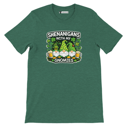 Green St. Patrick's Day tee with gnomes, shamrocks, beer, and 'Shenanigans with my Gnomies' text