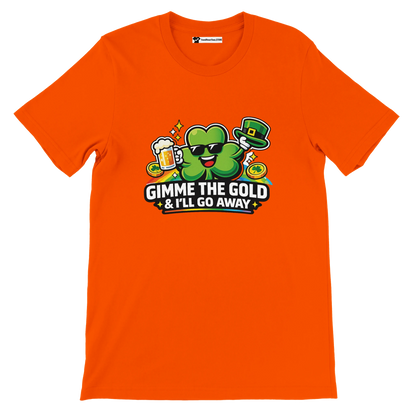 Orange St. Patrick’s Day tee with shamrock holding beer, gold coins, and text 'Gimme the Gold & I’ll Go Away'