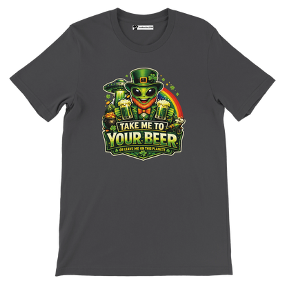 Alien leprechaun holding beer with 'Take Me to Your Beer' text, St. Patrick's Day tee design