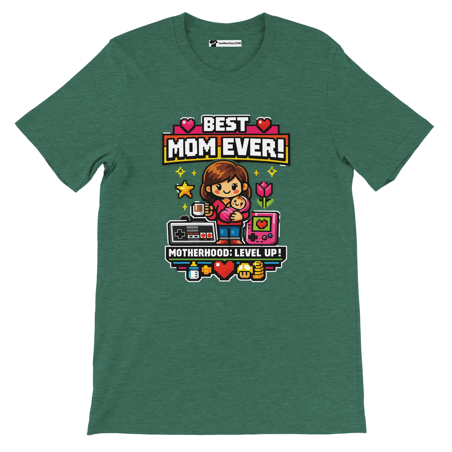 Green t-shirt with pixel art and text 'Best Mom Ever! Motherhood: Level Up!' gaming design