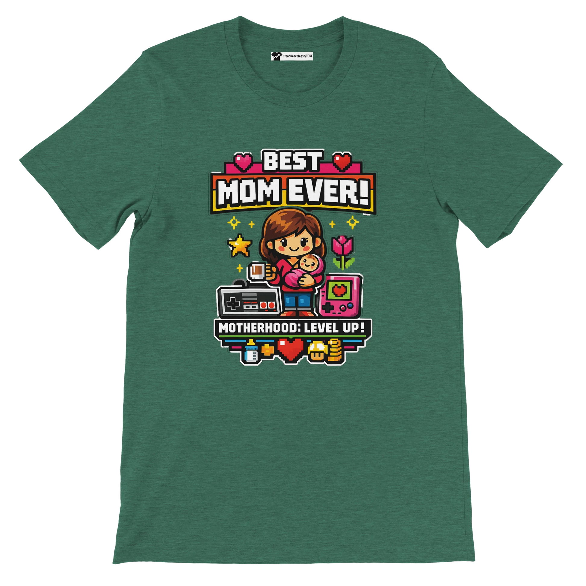 Green t-shirt with pixel art and text 'Best Mom Ever! Motherhood: Level Up!' gaming design