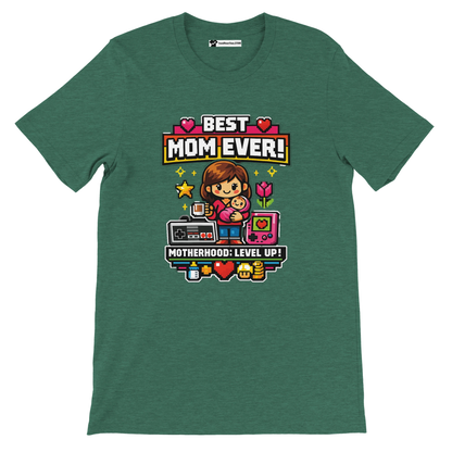 Green t-shirt with pixel art and text 'Best Mom Ever! Motherhood: Level Up!' gaming design