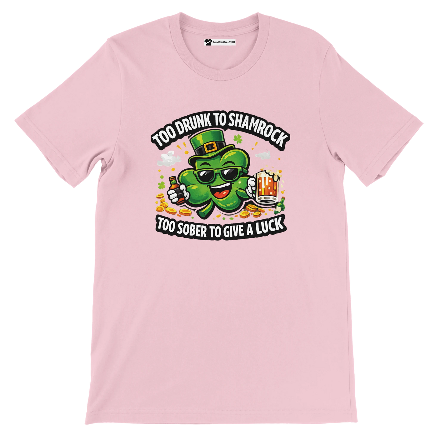 Pink t-shirt with a cartoon shamrock holding a beer and bottle, St. Patrick's Day quote print