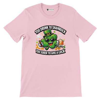 Pink t-shirt with a cartoon shamrock holding a beer and bottle, St. Patrick's Day quote print