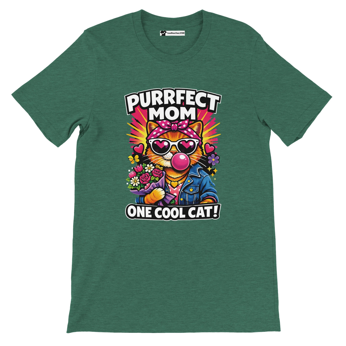 Green t-shirt with cartoon cat blowing bubble gum, holding flowers, wearing sunglasses, text 'Purrfect Mom One Cool Cat'