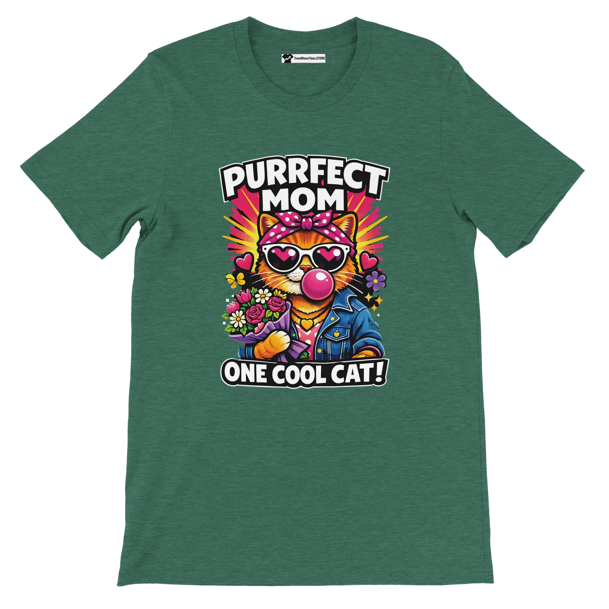 Green t-shirt with cartoon cat blowing bubble gum, holding flowers, wearing sunglasses, text 'Purrfect Mom One Cool Cat'