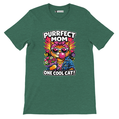 Green t-shirt with cartoon cat blowing bubble gum, holding flowers, wearing sunglasses, text 'Purrfect Mom One Cool Cat'