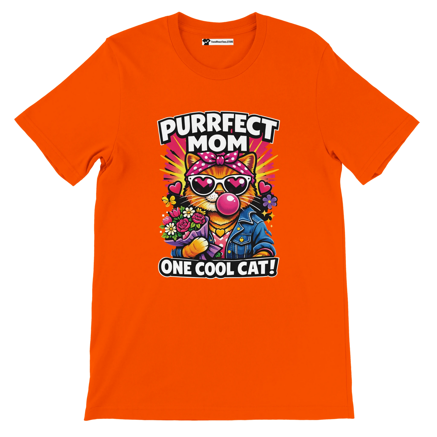 Orange t-shirt with cartoon cat in sunglasses and flowers, text says 'Purrfect Mom One Cool Cat'.
