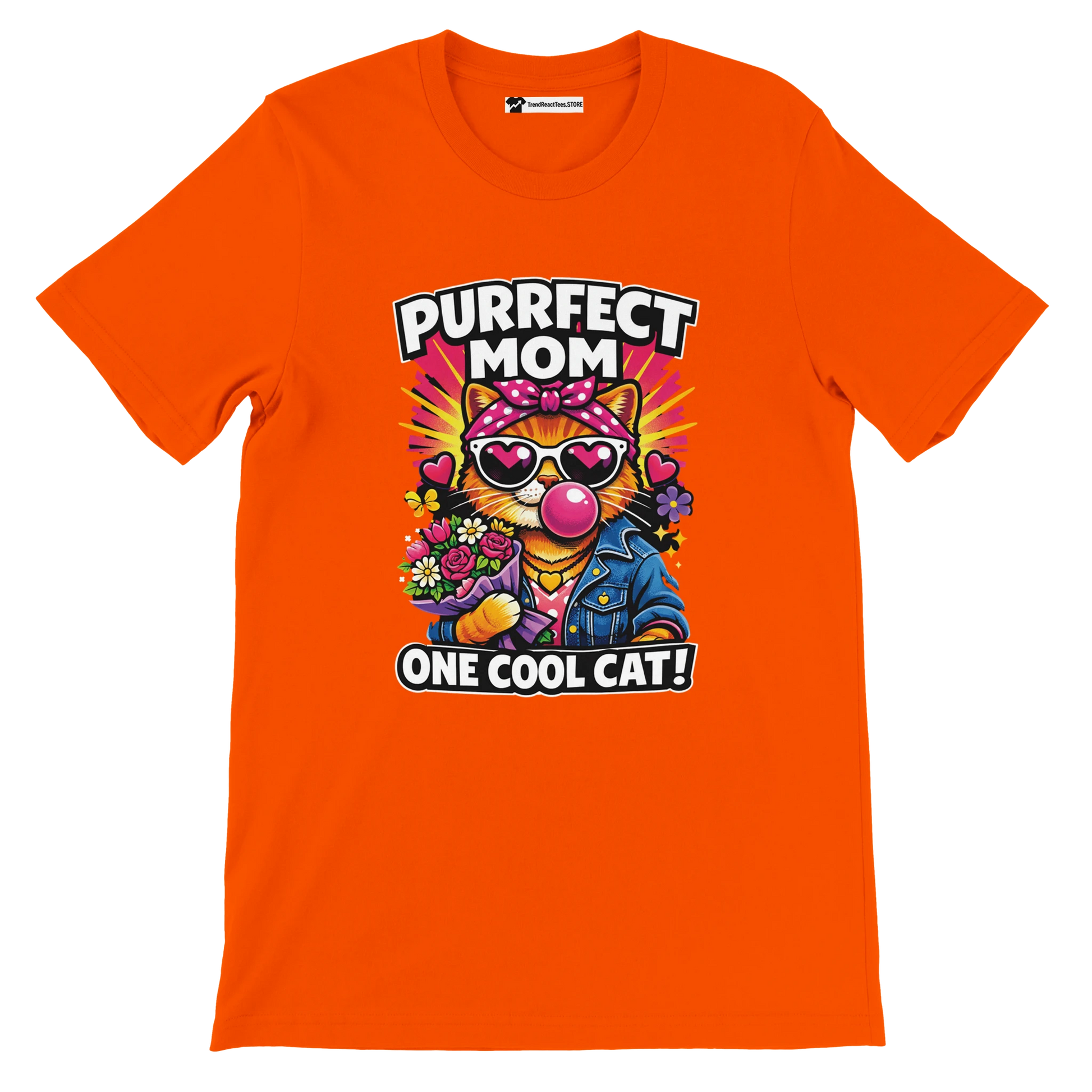 Orange t-shirt with cartoon cat in sunglasses and flowers, text says 'Purrfect Mom One Cool Cat'.