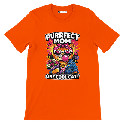 Orange t-shirt with cartoon cat in sunglasses and flowers, text says 'Purrfect Mom One Cool Cat'.