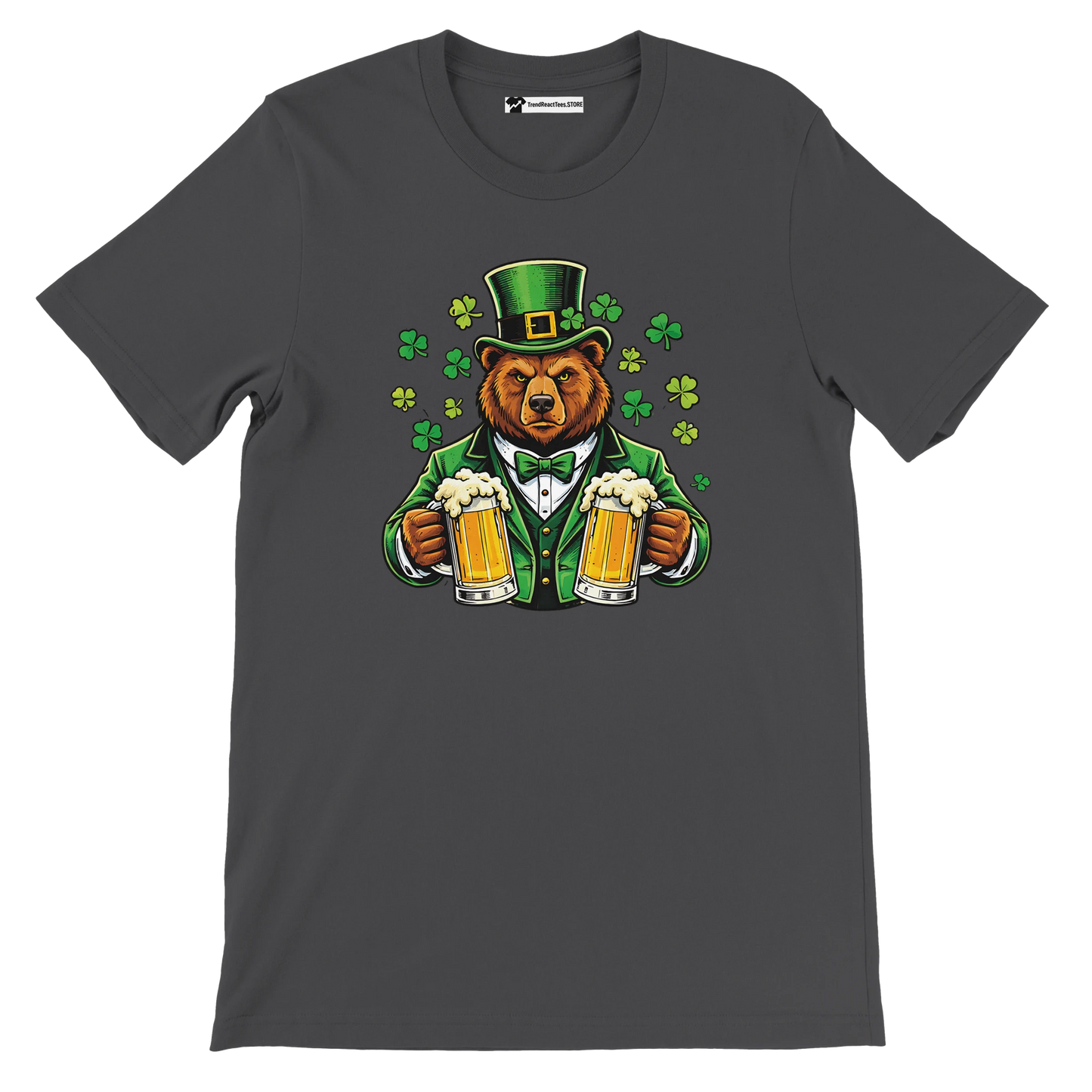 Bear in green St. Patrick's Day hat holding beer mugs with shamrocks, festive holiday tee