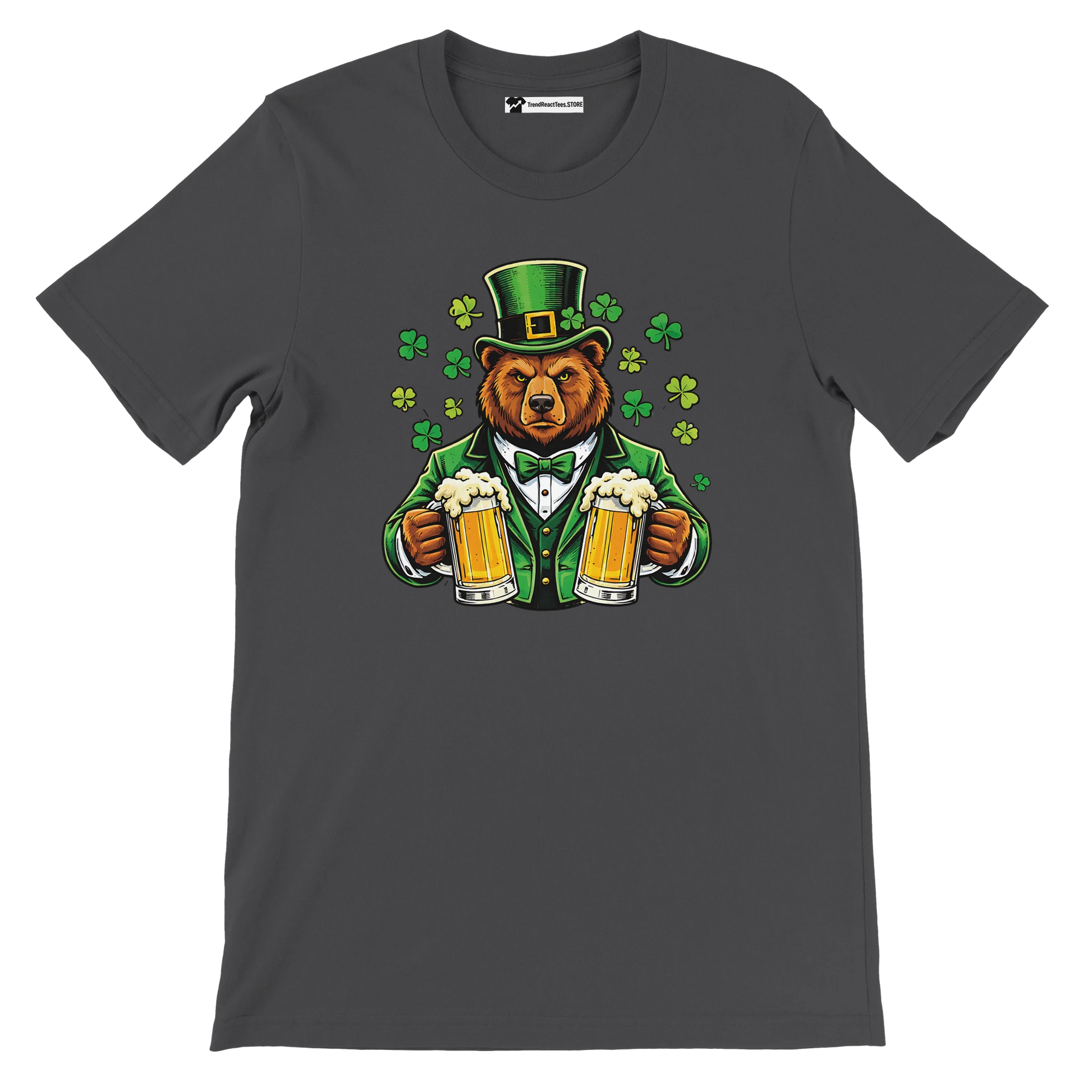 Bear in green St. Patrick's Day hat holding beer mugs with shamrocks, festive holiday tee