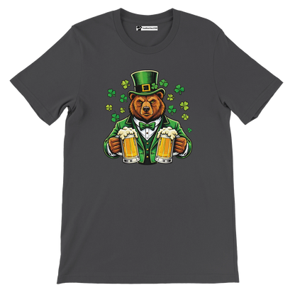 Bear in green St. Patrick's Day hat holding beer mugs with shamrocks, festive holiday tee
