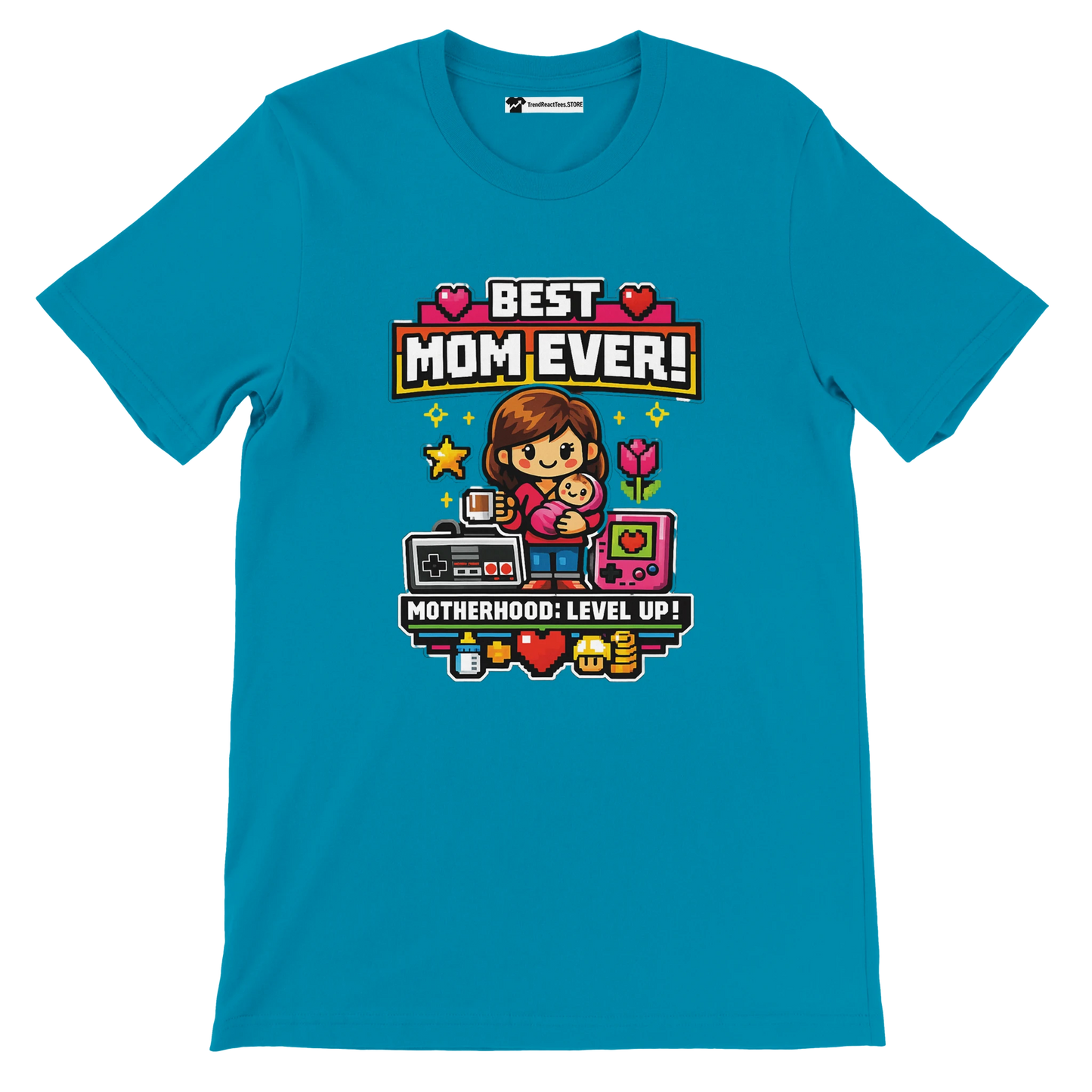 Blue t-shirt with pixel art mom holding baby, gaming controller, text 'Best Mom Ever!'