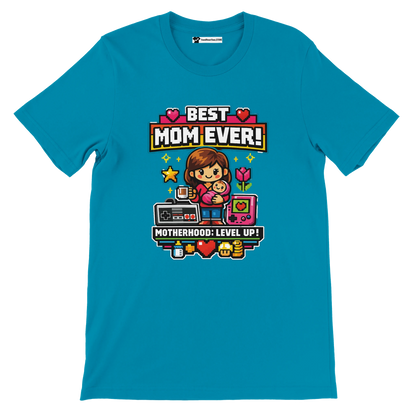 Blue t-shirt with pixel art mom holding baby, gaming controller, text 'Best Mom Ever!'