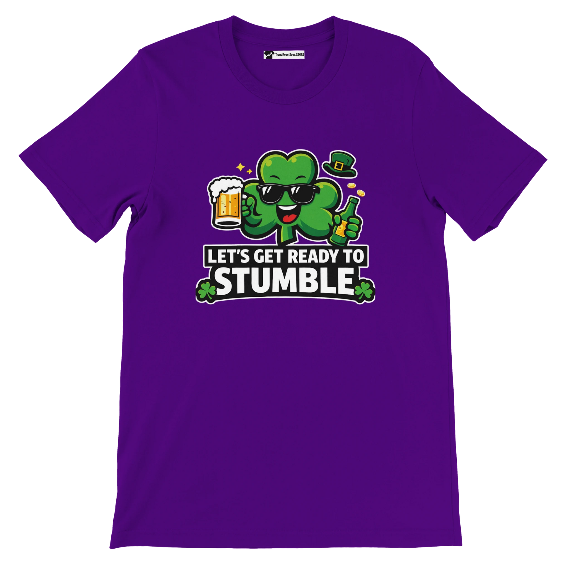 Purple t-shirt with cartoon shamrock, sunglasses, beer, and 'Let's Get Ready To Stumble' quote
