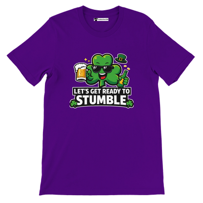 Purple t-shirt with cartoon shamrock, sunglasses, beer, and 'Let's Get Ready To Stumble' quote