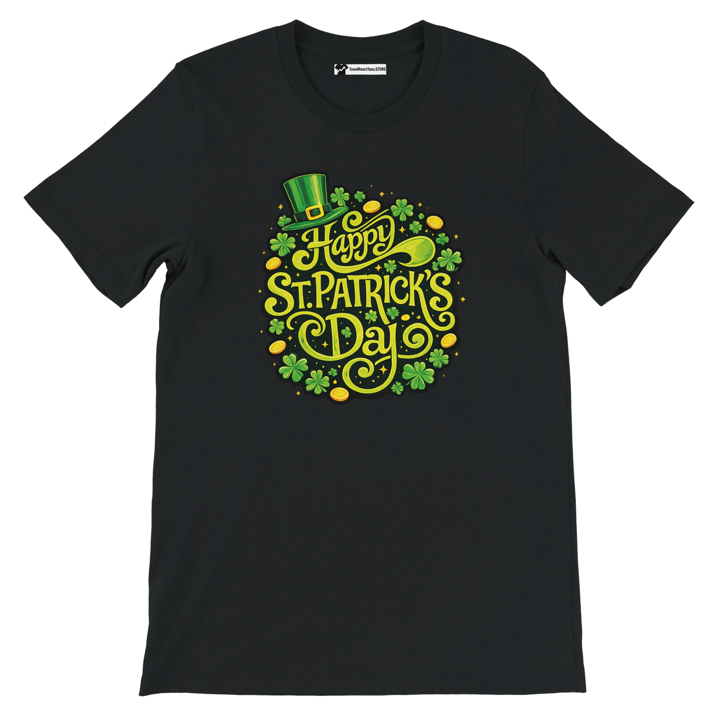 Black t-shirt with Happy St. Patrick's Day graphic, shamrocks, gold coins, green hat