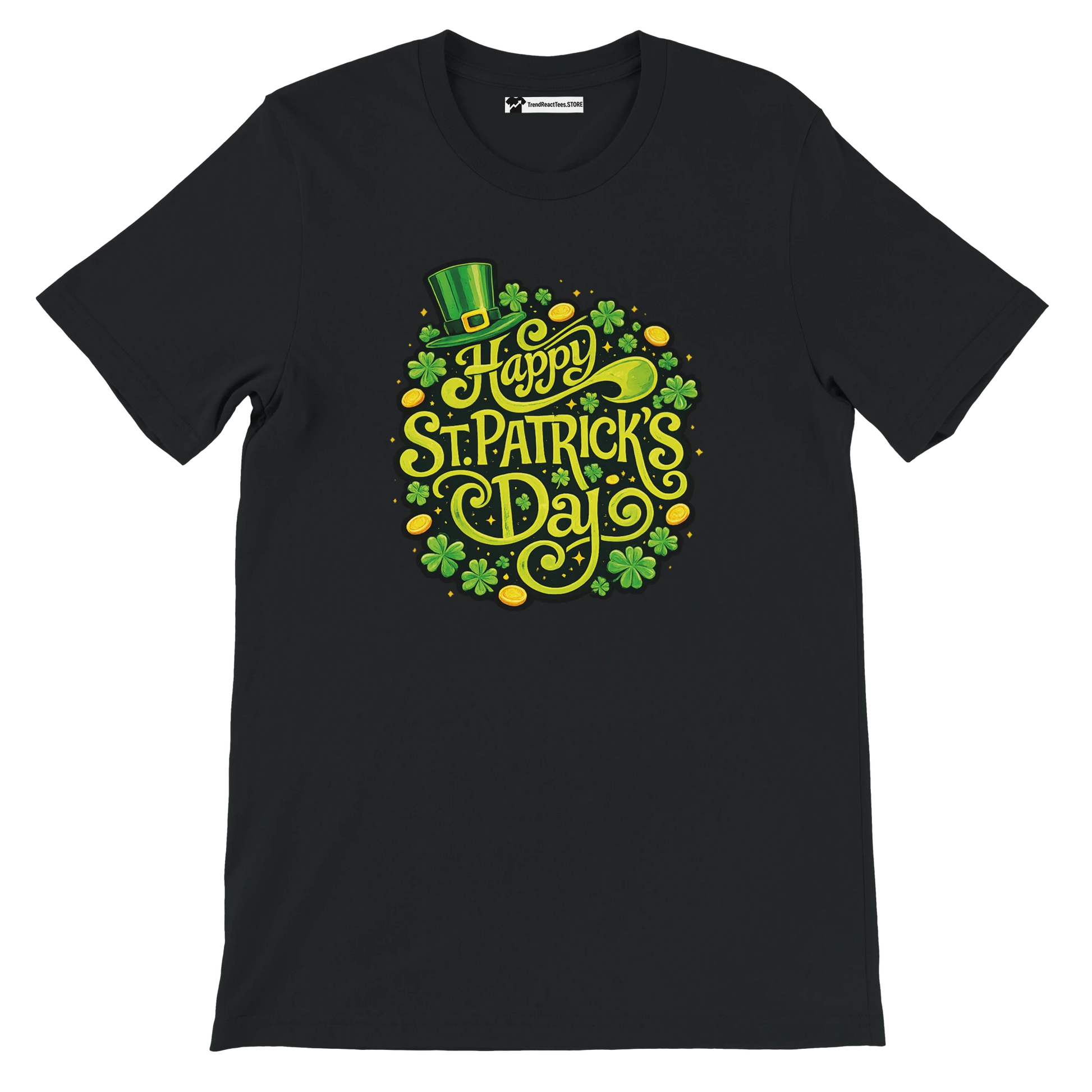 Black t-shirt with Happy St. Patrick's Day graphic, shamrocks, gold coins, green hat