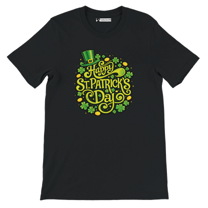 Black t-shirt with Happy St. Patrick's Day graphic, shamrocks, gold coins, green hat