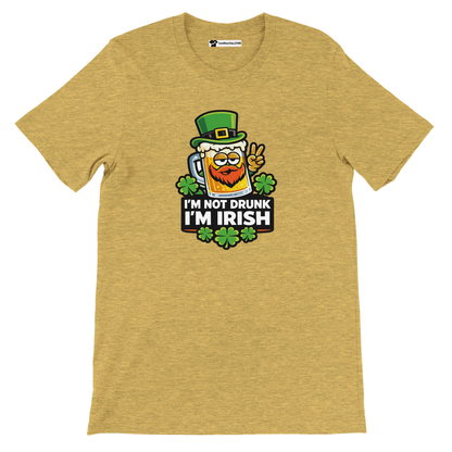 Funny St. Patrick's Day tee with beer mug, shamrocks, and 'I'm Not Drunk I'm Irish' text