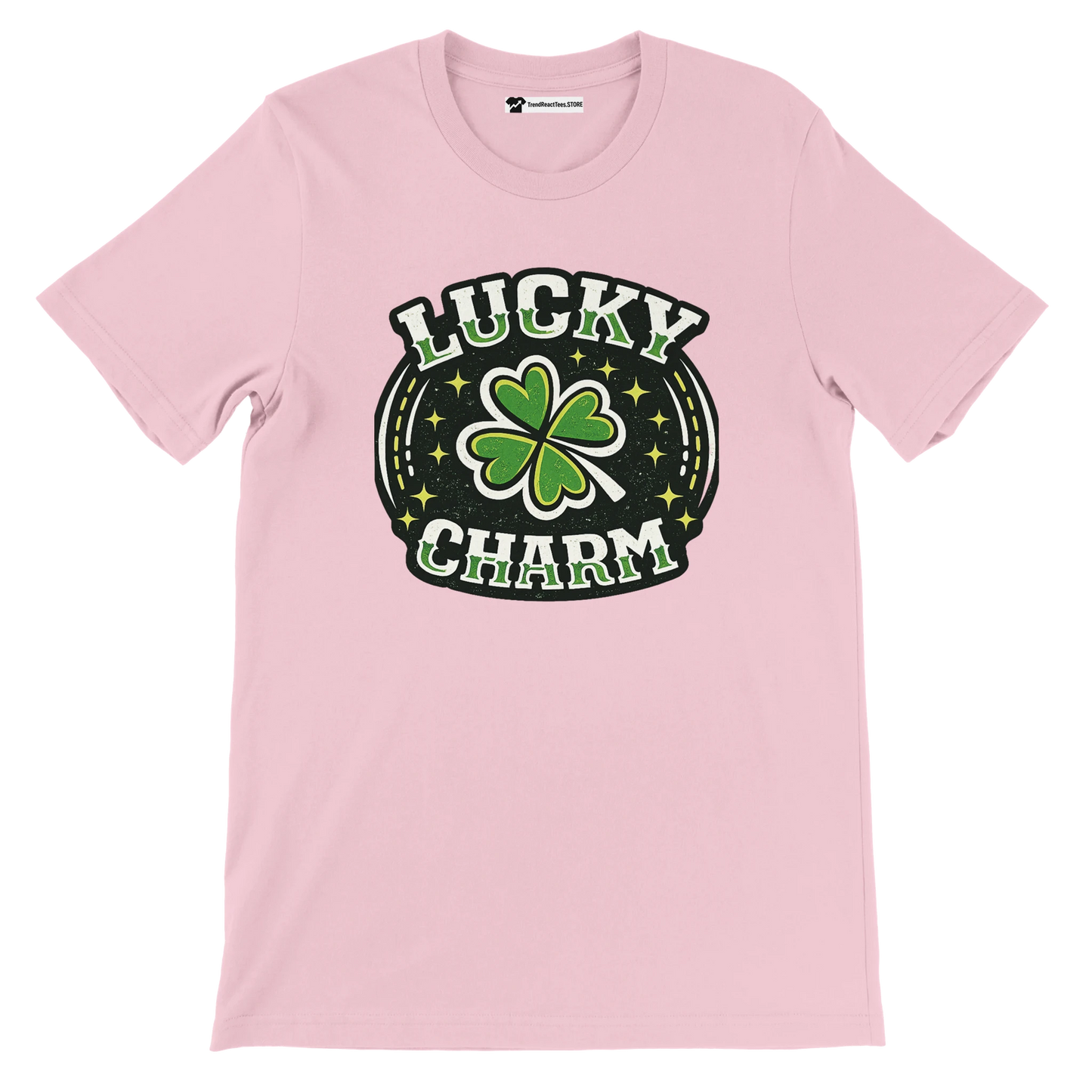 Pink t-shirt with 'Lucky Charm' text and green shamrock, festive holiday tee design