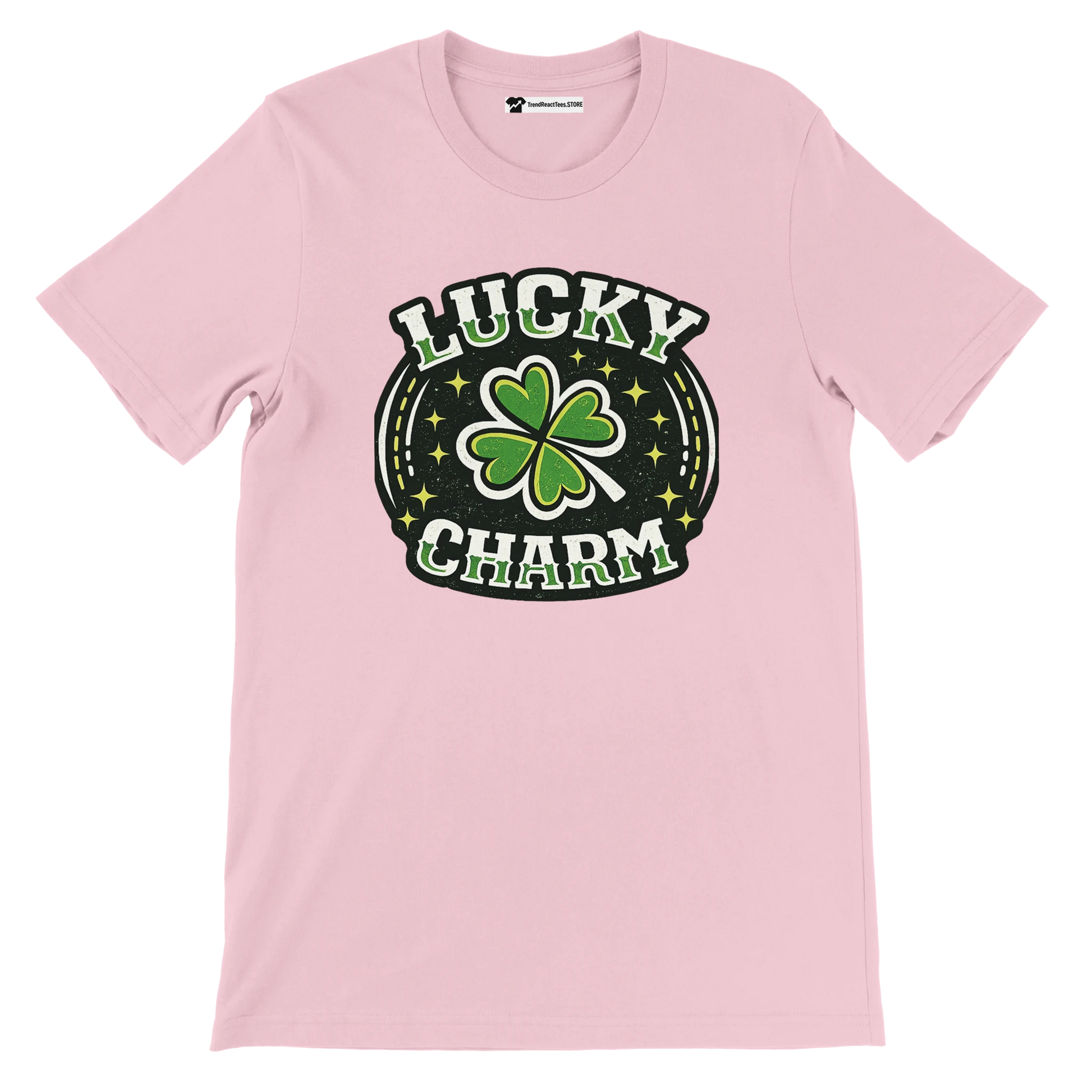 Pink t-shirt with 'Lucky Charm' text and green shamrock, festive holiday tee design