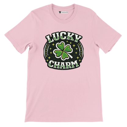 Pink t-shirt with 'Lucky Charm' text and green shamrock, festive holiday tee design