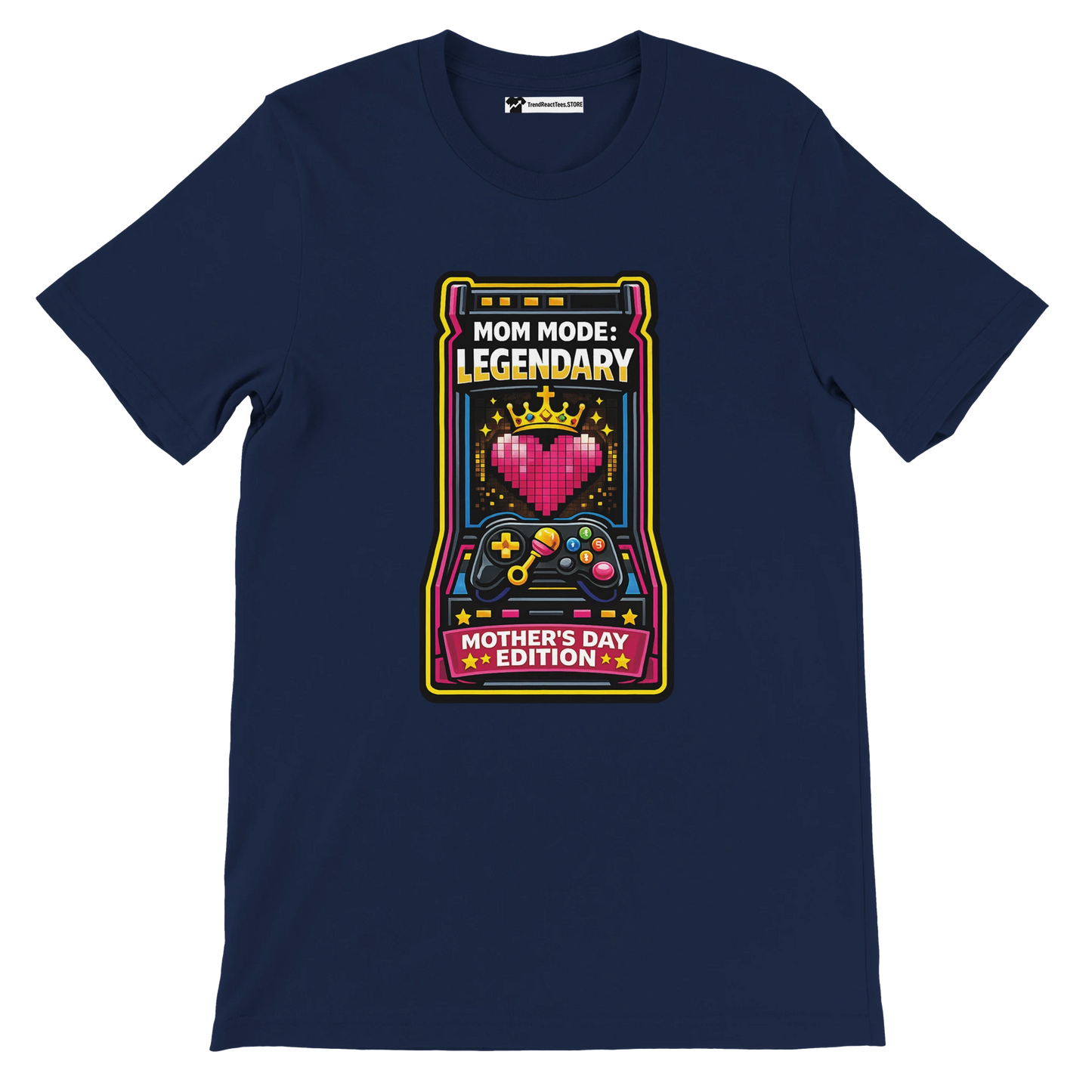 Navy blue t-shirt with pixel heart, gaming controller, and 'Mom Mode: Legendary Mother's Day Edition' print.