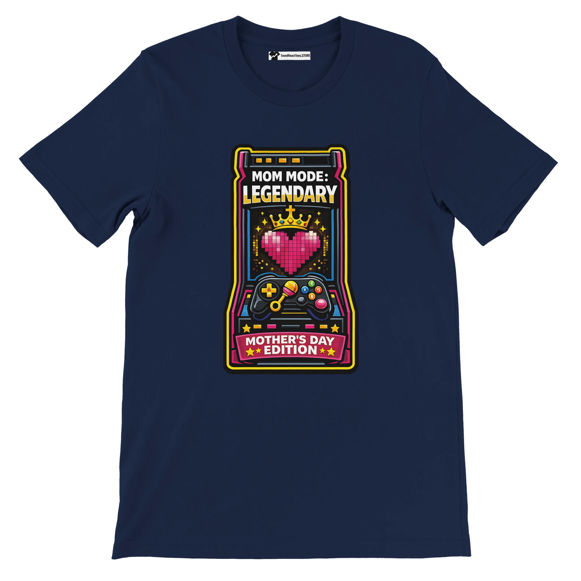 Navy blue t-shirt with pixel heart, gaming controller, and 'Mom Mode: Legendary Mother's Day Edition' print.